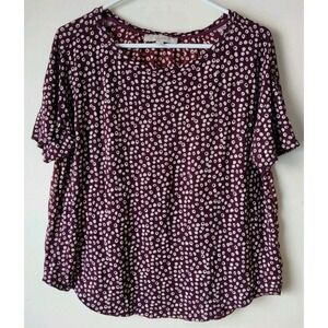 Ann Taylor LOFT Women's M Short Sleeve Burgundy Blouse White Polka Dot Flowy